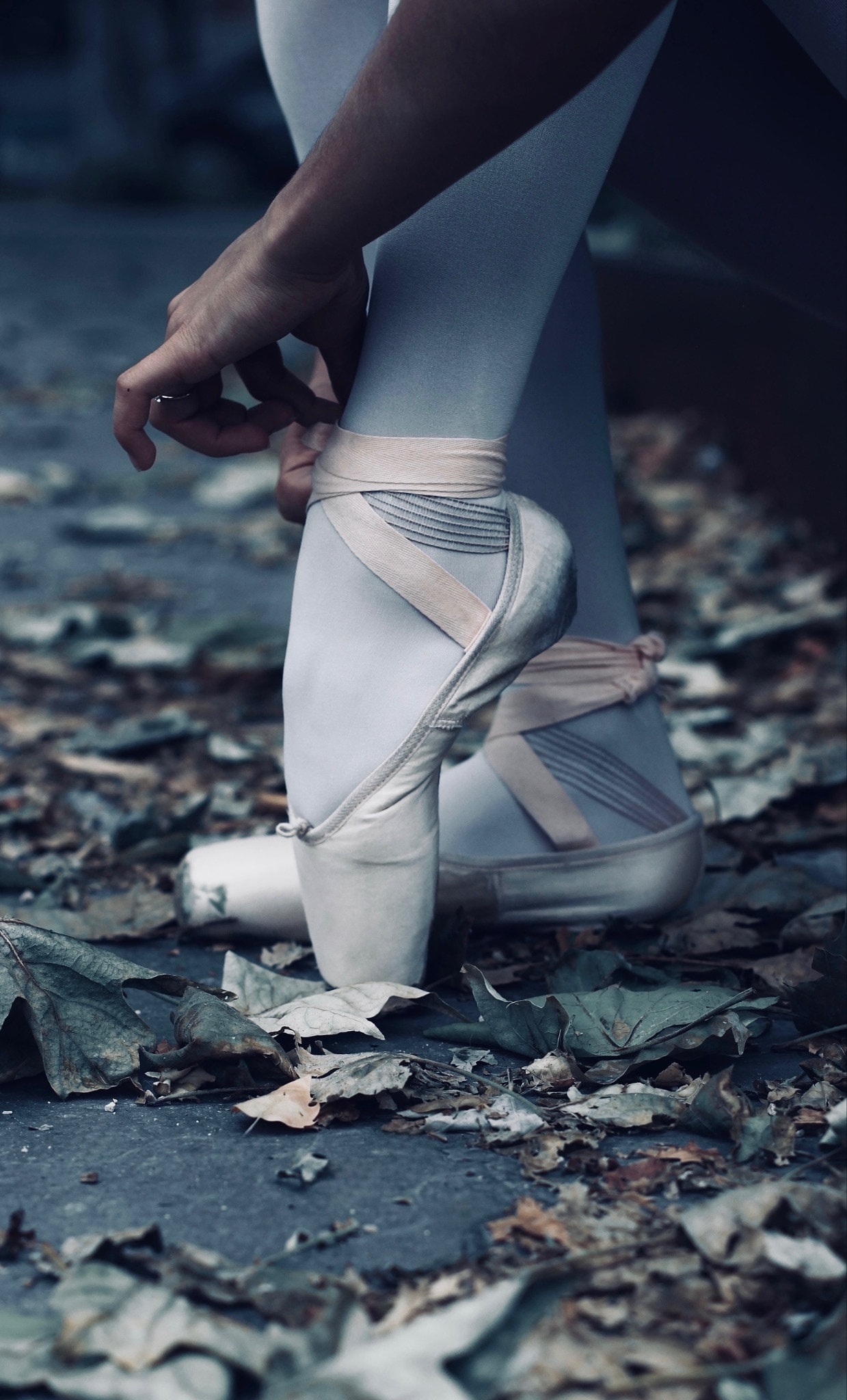 Gros plan sur les chaussons de pointe d'une danseuse parmi les feuilles mortes